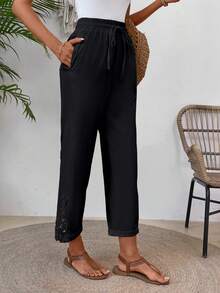 SHEIN LUNE Women's Summer Solid Color Patchwork Lace Drawstring Waist Long Pants - Black - View 4