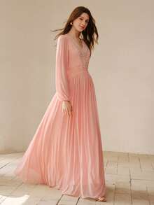 MOTF PREMIUM 春夏莲花粉色弹力氨纶蕾丝串珠装饰收腰修身长裙 - 藕粉色 - 查看 5