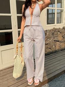 Sunnyshic Bộ 2 món gồm áo hai dây cổ chữ V kẻ sọc và quần ống rộng cạp chun, kiểu dáng thường ngày, đa năng, phù hợp cho kỳ nghỉ, mùa xuân/hè. - màu nâu - Xem 5