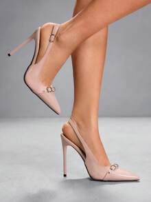 CUCCOO SZL 女士酒红色时尚高跟鞋，勃艮第红细跟带扣装饰 - 杏色 - 查看 2