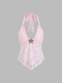 Sweetra 新款性感蕾丝透视露背V领A字吊带背心，时尚百搭，适合度假和通勤，粉色 - 粉色 - 查看 1