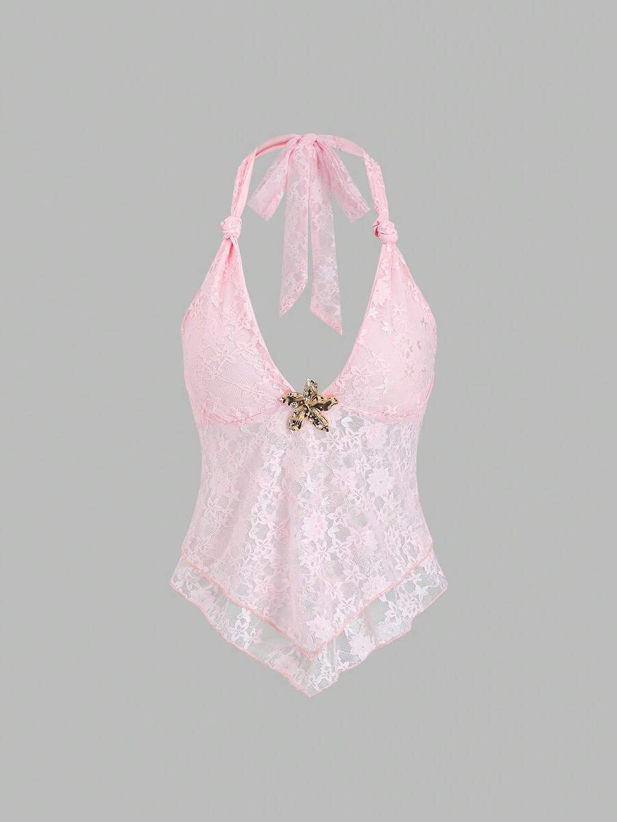 Sweetra 新款性感蕾丝透视露背V领A字吊带背心，时尚百搭，适合度假和通勤，粉色 - 粉色 - 查看 1