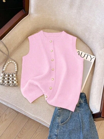 Franclia Women's Elegant Minimalist French Fashion Lady Versatile Elegant Front Button Knit Vest Light Pink Sweater Vest Sweater Vest For Women Baby Pink Tops Pink Cardigan