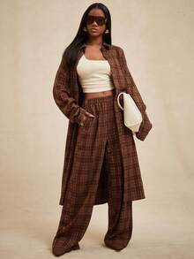 NYA SZN 女士时尚休闲/办公通勤格子印花落肩宽松长袖长衬衫和阔腿裤两件套 - 棕色 - 查看 1