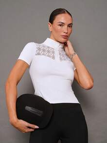 Activina Women's Stand Collar Zipper Half Placket Casual Versatile Daily Equestrian Short Sleeve Top - White - View 4