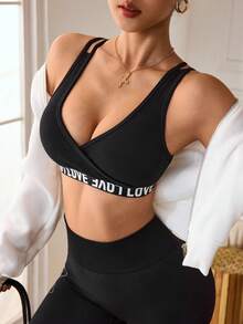 Slayform Áo ngực thể thao nữ in chữ jacquard, lưng chéo, thích hợp mặc hàng ngày. - màu đen - Xem 5