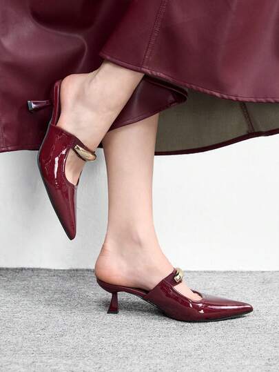 CUCCOO BIZCHIC New Women's Burgundy Pointed Toe Metal Decor Strap Slip-On Mule Shoes, Commuter/Business Office Outfit, Mid-Heel