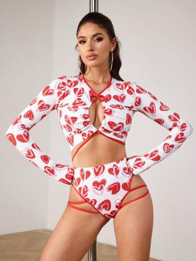 Menodora SHEIN Sport 1件装女士钢管舞吸湿长袖T恤，基础款，爱心印花，健身/无缝