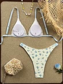 Swim Mod Cute Multicolor Plant Print Spaghetti Strap Bikini Set For Women With Tie Back And Fabric Bottoms - Multicolor - View 6