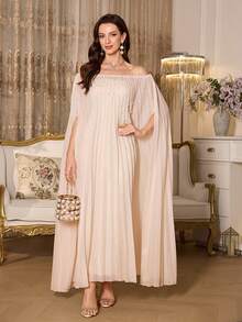 SHEIN Elenzya Conjunto de 2 peças com ombros à mostra, com pérolas artesanais e pregas plissadas, elegante, tamanho padrão feminino - Damasco - Visão 8