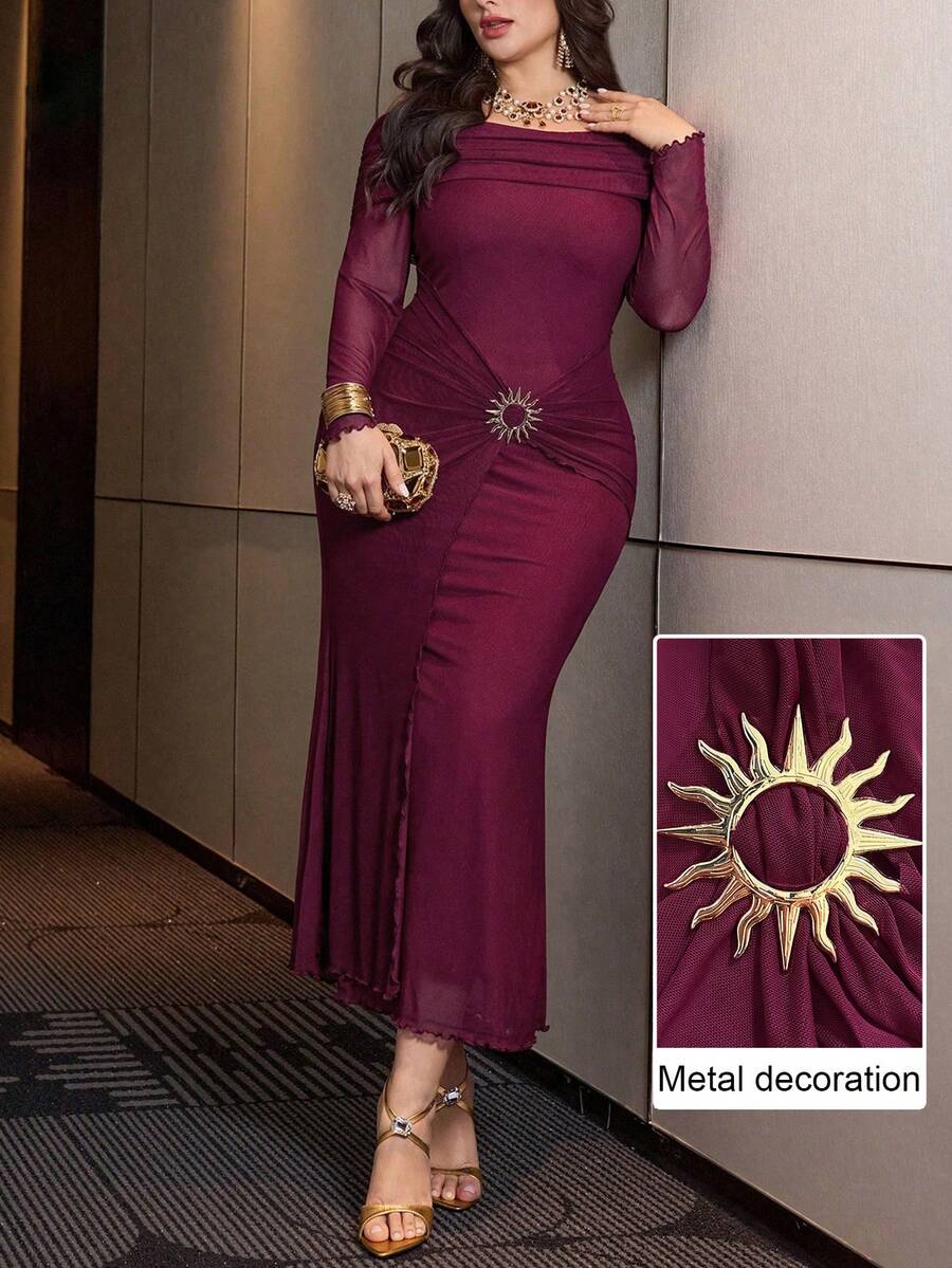 Modelyn Đầm cỡ lớn màu đỏ tía bằng vải lưới, trễ vai, xếp ly, trang trí khóa kim loại, thanh lịch, thích hợp cho đi chơi và hẹn hò.