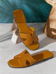 SHUZIA All-Time Bestseller Women's Luxe-Inspired Harness Cutout Open Toe Minimalist Palm Print Pu Mustard Slides Spring Shoes Spring Break Easter Vacation Shoes Casual Shoes Beach Shoes Mother's Day Present Valentine's Day - Mustard Yellow - View 5