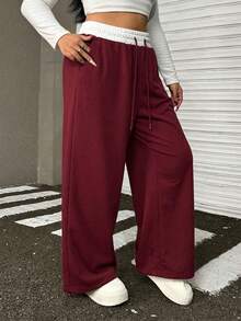 SHEIN EZwear 大码酒红色休闲宽松运动裤 - 酒紅色 - 查看 4