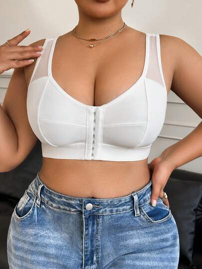 Sujetador inalámbrico de cierre frontal con parches de malla de unicolor para mujer de talla grande
