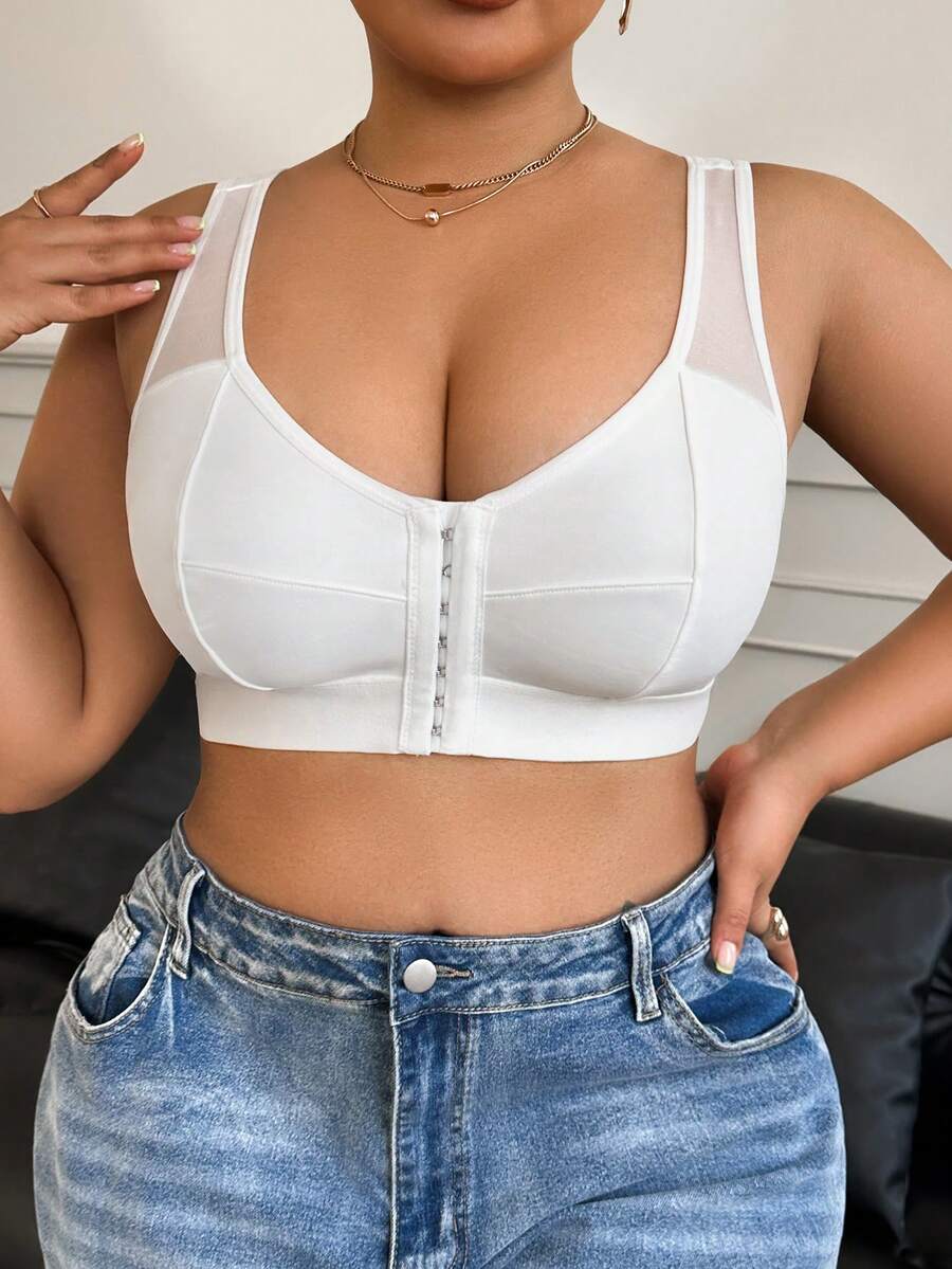 Plus Size Women's Solid Color Mesh Patchwork Wireless Front Closure Bra - White - View 1
