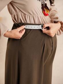 SHEIN Women's Summer Linen-Feel Solid Casual Wide Leg Pants, Adjustable Elastic Waist Maternity Pants - Brown - View 3