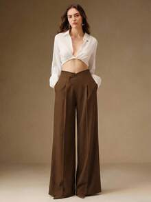 Anewsta High Waist Flared Leg Casual & Work Pants - Brown - View 4