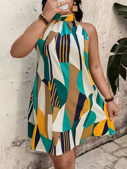 Breezaya Plus Size Women's Casual Geometric Print Loose Fit Minimalist Dress, Suitable For Early Spring And Vacation