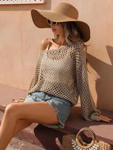 Selianne 休闲度假风派对灯笼袖亮面香槟金镂空套头毛衣（不对称肩部），春夏款 - 香檳色 - 查看 4