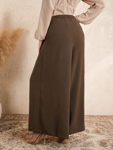 SHEIN Women's Summer Linen-Feel Solid Casual Wide Leg Pants, Adjustable Elastic Waist Maternity Pants - Brown - View 2