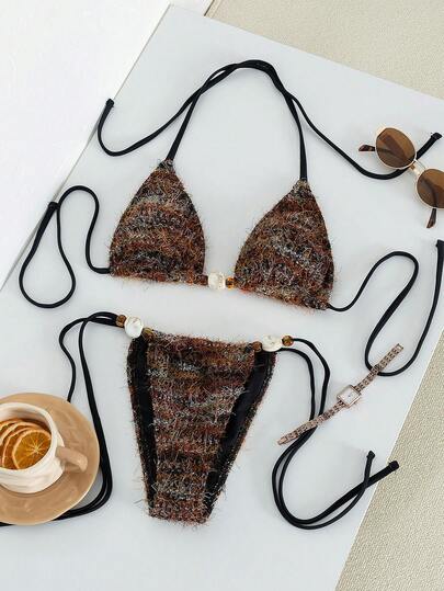 Swim SXY Summer Vacation Sexy Ombre Fuzzy Fabric Halter Backless Bikini Set