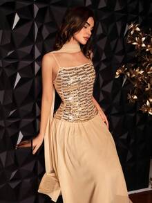 Modelyn Women's Fashionable Party Sequin Cami Dress - Champagne - View 3