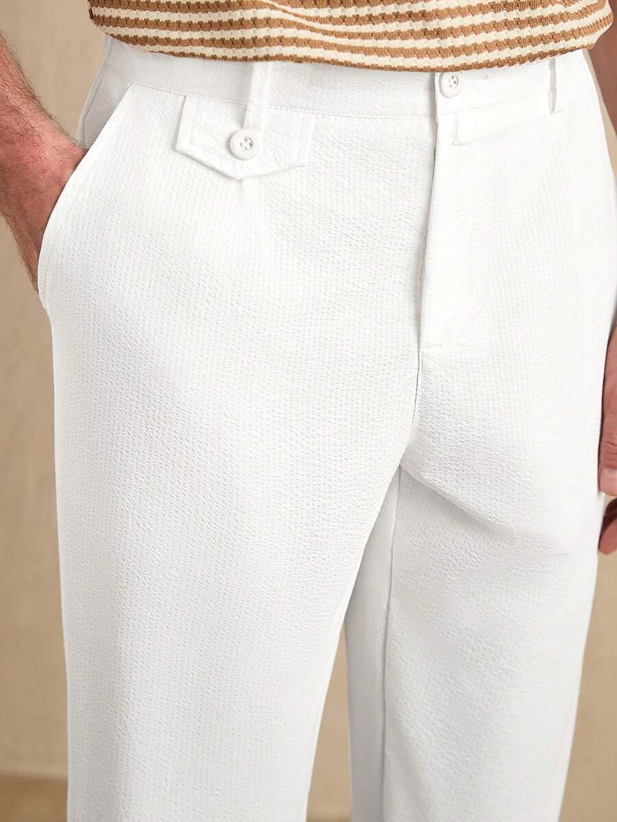 Core Aspect Pantaloni casual albi texturați, cu pliuri duble, pentru bărbați - Material premium Seersucker, stil Old Money, pentru brunch și vacanță/Pantaloni albi texturați, cu pliuri duble pentru bărbați/Pantaloni albi texturați, cu pliuri duble pentru bărbați/Pantaloni albi de in/Pantaloni albi/Pantaloni albi, aspect Seersucker, pentru bărbați, stil clasic, confortabili pentru ținute pe vreme caldă - alb - Vizualizare 1