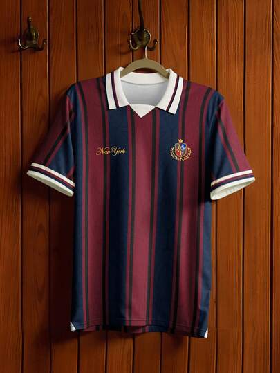 Aesthetic Post 复古美式条纹Polo衫，宽松版型，徽章装饰，男士短袖T恤