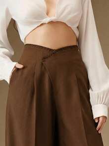 Anewsta High Waist Flared Leg Casual & Work Pants - Brown - View 1