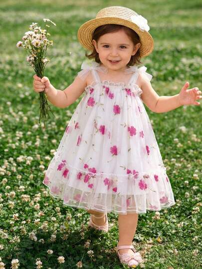 SHEIN Vestido Fofo e Elegante para Bebê Menina com Estampa Floral, Saia Evasê e Sobreposição de Tule