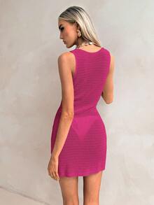 Swim Chiccia Women's Summer Vacation Metal Decor Hollow Out Cover Up Dress - Hot Pink - View 2