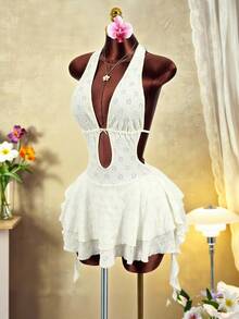 Mistrie فستان قصير للنساء بلون أحادي، بياقة حلقية، بدون أكمام، مفرغ، مكسر، مطرز - لون مشمشي - مشاهدة 1