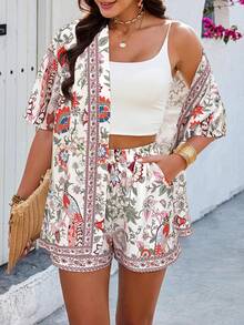 Selianne Ensemble 2 pièces pour femmes, style bohème, chemise longue imprimée rétro + shorts décontractés - Multicolore - Voir 3