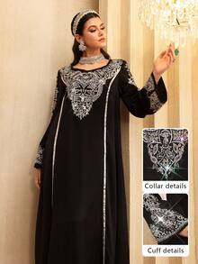 Layrah Elegant & Luxurious Black Beaded & Rhinestone Sweetheart Neck Flare Sleeve Dress, Spring/Summer  Modest Full Length Jalabiya, Casual Long Sleeve Maxi Dress - Black - View 2