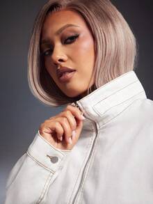 Denimoi Elastic Waist Toggle High Neck Zip Front Cropped Denim Jacket - White - View 2