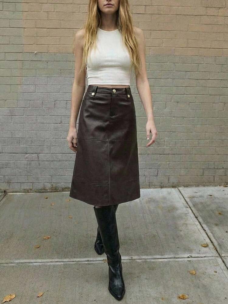 SHEIN Maija 2026 Modern City Early Autumn Classic PU Metal Buckle Design Midi Skirt, Suitable For Early Autumn Party Season And Back To School Season Fall Clothes For Women , Fall Outfits Women , Halloween, Elegant, Goth,  Brown Skirt Brown Leather Skirt Faux Leather Skirt Midi,Business Casual Outfits Women, A Line Skirt,, Old Money Style