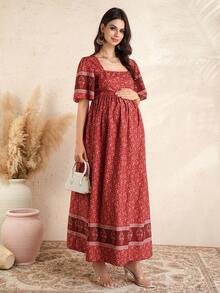 Momance Maternity Bohemian Print Ruffle Sleeve Casual Elegant Dress - Multicolor - View 4