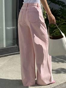 DAZY 女士宽松休闲破洞粉色阔腿牛仔裤，度假风，春夏款 - 淺粉色 - 查看 2