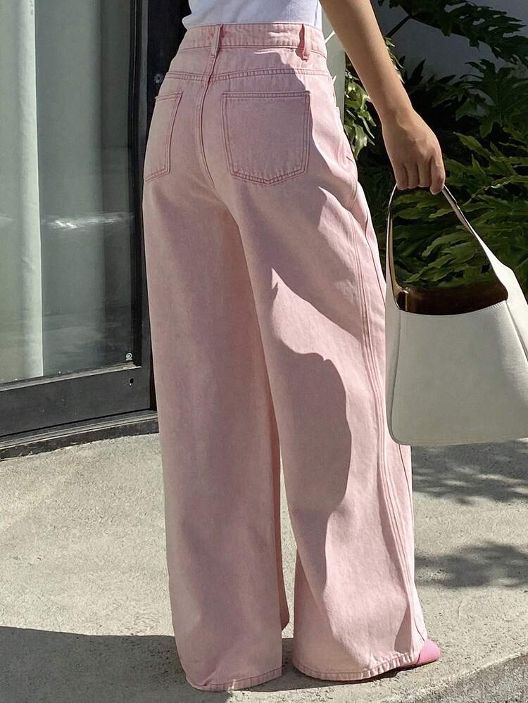 Women's Loose Casual Distressed Pink Wide-Leg Jeans, Vacation Style, Spring/Summer