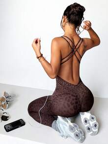 Dewbera H1202 Brown Leopard Print Elastic Criss-Cross Backless Seamless Sports Jumpsuit - Brown - View 6