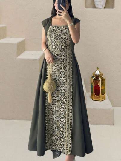 Al Najma New Design Patchwork Cinched Waist Casual Party Vacation Dress Kaftan Jalabiya Dress