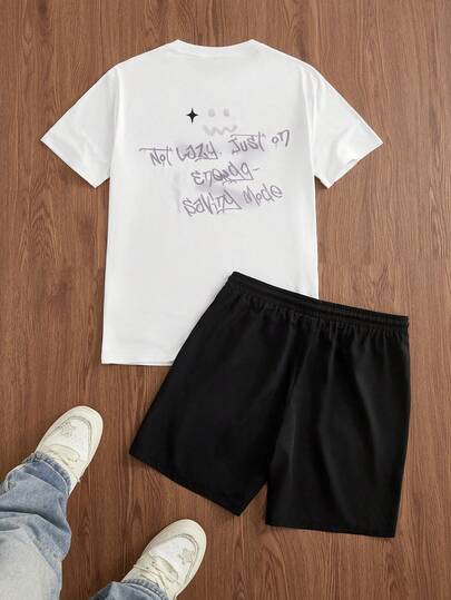 SWAVVY Herrtröja med rund hals, kortärmad och slogantryck, casual kostym