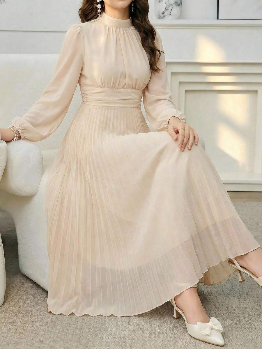 Elegant vit chiffongklänning för tonårsflickor, vår/sommar, vit enfärgad, ståkrage med samlad midja, långa ärmar med puffärmar, transparent veckad fåll och lång silhuett. Perfekt för tonårsflickor att bära vid formella banketter, fester eller speciella evenemang. - Vitt - Visa 1