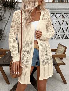 SHEIN LUNE Women's Casual Vacation Hollow-Out Knit Cardigan - Apricot - View 6