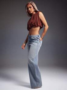 Denimoi Women's Sleeveless Pleated Rhinestone Embellished Crop Top - Brown - View 4