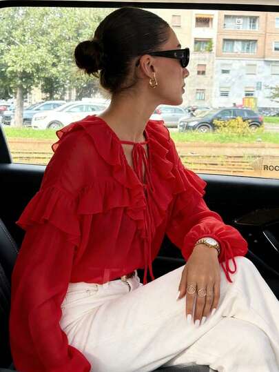 Pariaura New Women's Blouse: French Elegant Ruffles + Lace-Up Design, Chiffon Fabric Creates A Romantic Atmosphere For Spring And Summer Outings