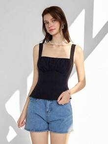 Ardnt Áo hai dây cổ vuông phong cách Pháp cổ điển tối giản, ôm eo, kiểu dáng thon gọn, món đồ không thể thiếu trong mùa hè, thiết kế đơn giản và đa năng. - màu đen - Xem 6