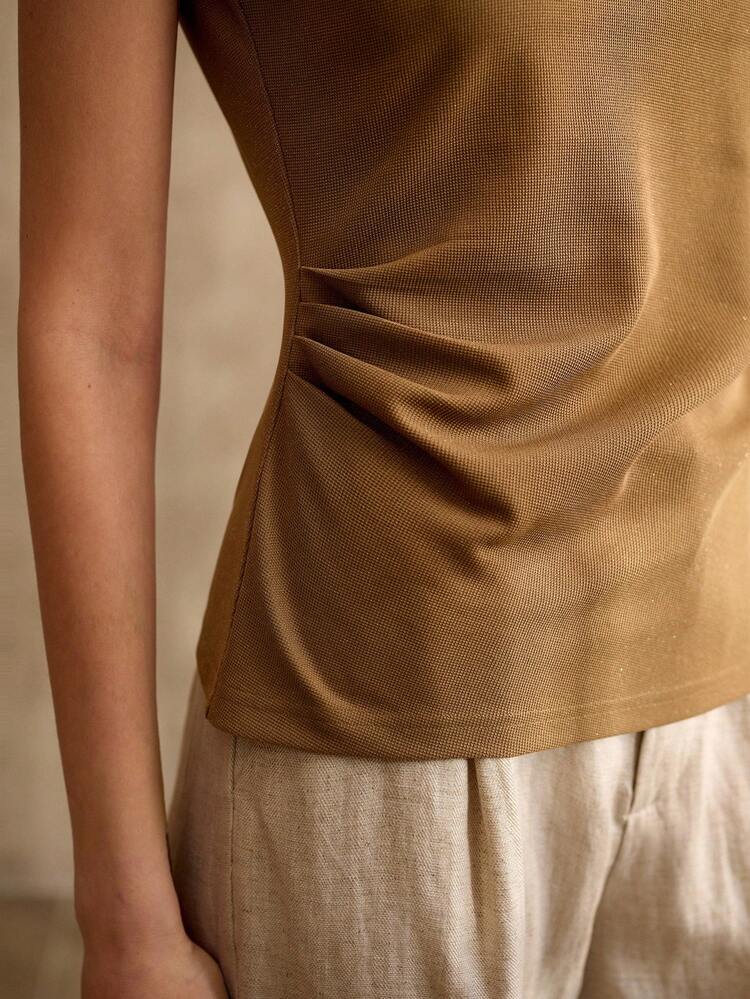 METALLIC MESH KNIT DEEP V-NECK TANK TOP, MINIMALIST CLASSIC, VINTAGE STYLE, SPRING/SUMMER