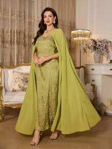 Elenzga Elegant Women Jacquard Slip Dress With Shawl Robe Set, Suitable For Commuting And Parties - Green - View 3