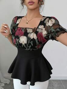 Elenzga Áo kiểu nữ thanh lịch cổ vuông, chất liệu lưới 3D thêu hoa hướng dương, eo thon, tay phồng, phù hợp cho các buổi hẹn hò, kiểu dáng chữ A tinh tế và nhẹ nhàng. - màu đen - Xem 3